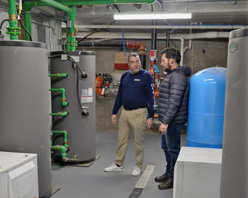 Craig Armitage discussing an installation in a mechanical room with a customer